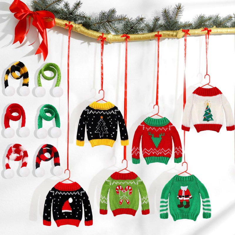 Meanplan 12 Pcs Christmas Doll Clothes Accessories Set Sweater Christmas Doll Scarf Elk Snowflake Xmas Tree Print Small Sweater Knitted Clothing OutfitSanta - Image 3