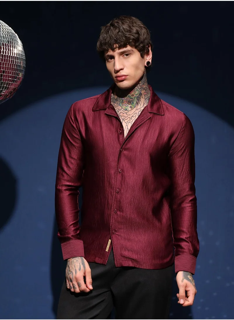 Campus Sutra Men's Burgundy Red Satin Cuban Shirt For Casual Wear | Cuban Collar | Long Cuffed Sleeves | Button Closure | Shirt Crafted With Comfort Fit For Everyday Wear