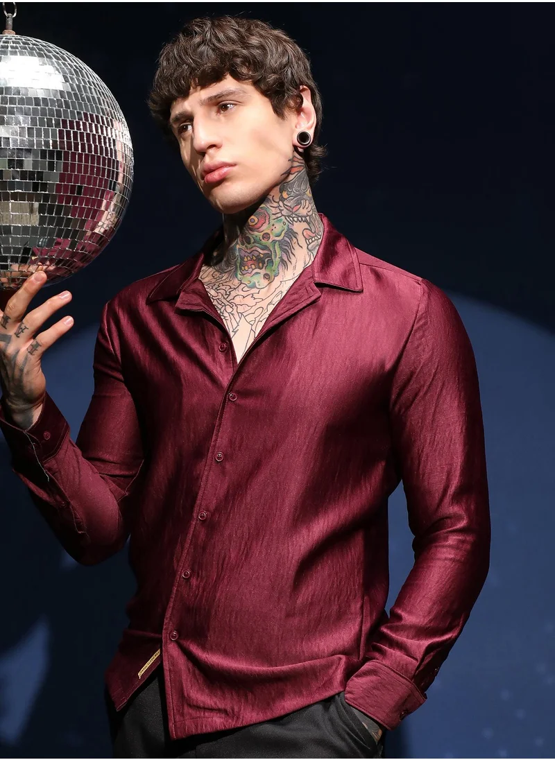 Campus Sutra Men's Burgundy Red Satin Cuban Shirt For Casual Wear | Cuban Collar | Long Cuffed Sleeves | Button Closure | Shirt Crafted With Comfort Fit For Everyday Wear