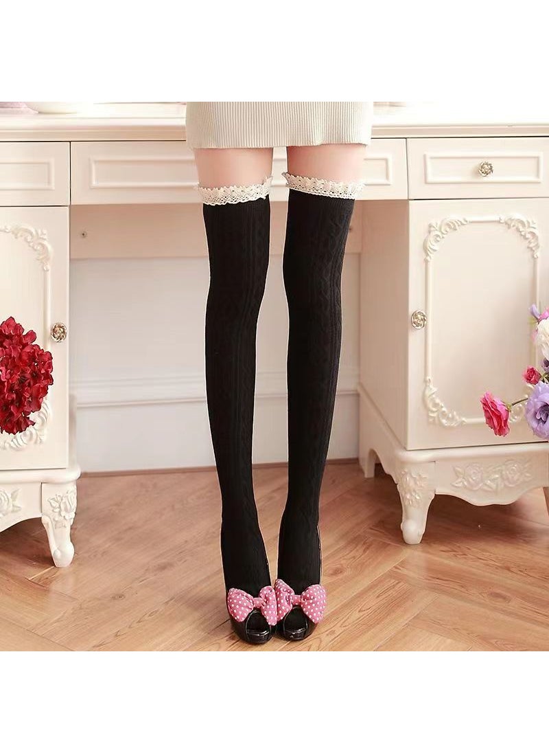 Generic - Cute Lolita Thigh-High Socks Lace Twist Knit Black - Image 1
