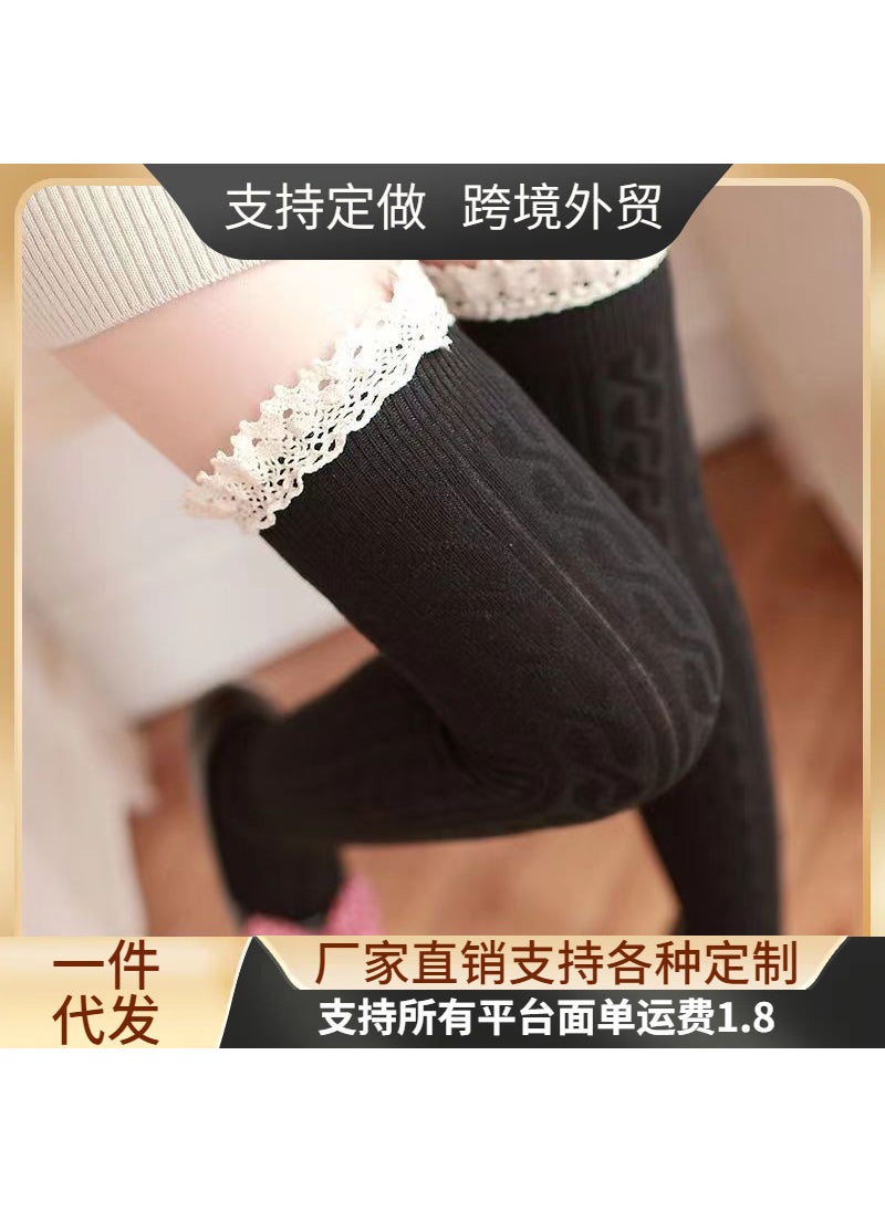 Generic - Cute Lolita Thigh-High Socks Lace Twist Knit Black - Image 1