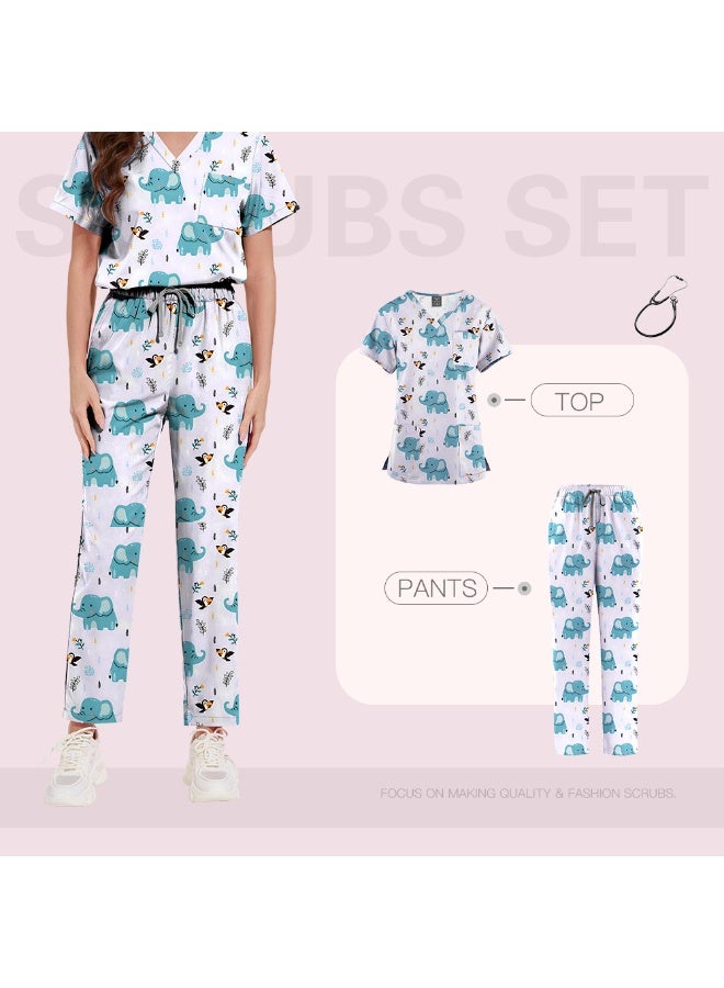 NIBEMINENT Surgical Uniforms Women Printed Medical Scrub Set Beauty Salon Workwear Pet Clinical Scrubs Top + Pant Doctor Nursing Tunic Suit - Image 1