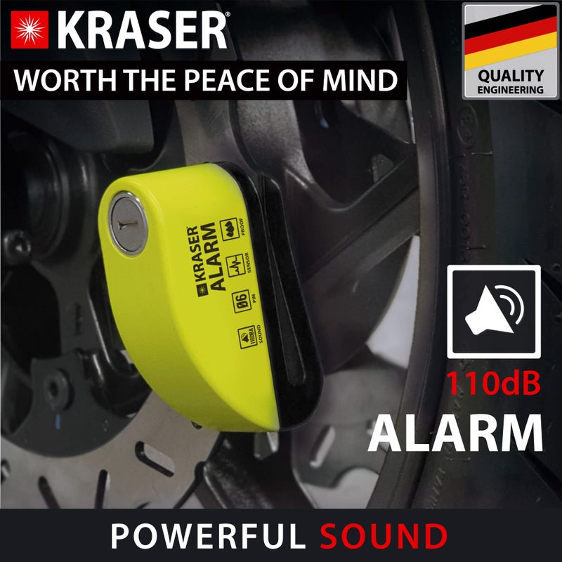 KRASER KRASER WA6Y Motorcycle Alarm Disc Lock 110dB, Reinforced Waterproof Security Lock, 5ft Reminder Cable, Carry Pouch, 6mm Universal Anti Theft Wheel Brake Lock for Scooter, Bicycle, Electric Bike  - Image 2