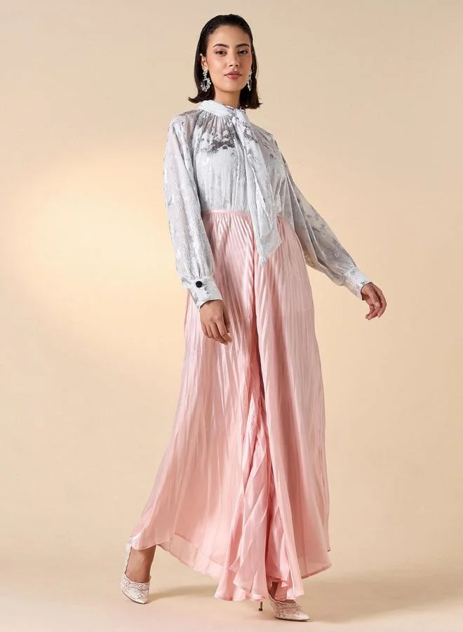 Iconic Iconic Foil Print Top with Long Sleeves and Bow Tie Detail