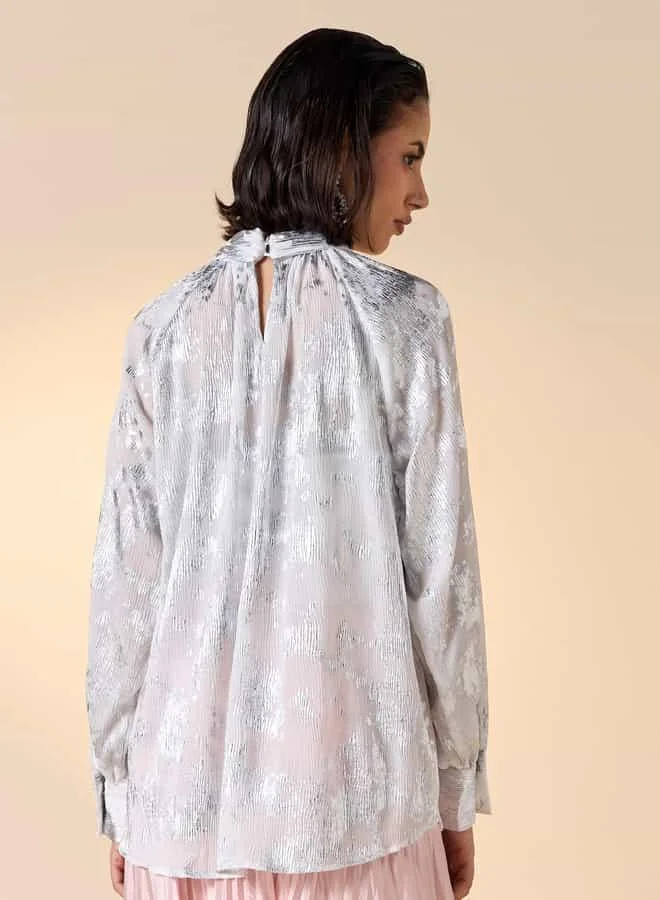 Iconic Iconic Foil Print Top with Long Sleeves and Bow Tie Detail