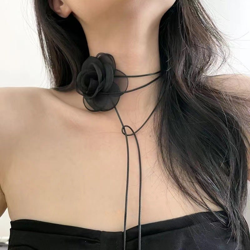Handmade Rose Floral Choker Necklace for Women Sand flower/black neck strap