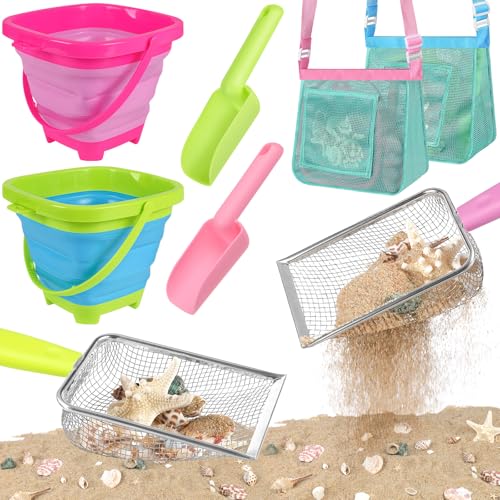FHOZGECY Beach Toys Sand Toys with 2 Collapsible Bucket 2 Beach Mesh Shovel Sand Shovel Shark Tooth Sifter and Mesh Bag for Shell Collecting Sand Dipper Beach Scoop Toys for Kids Boys and Girls - Image 1