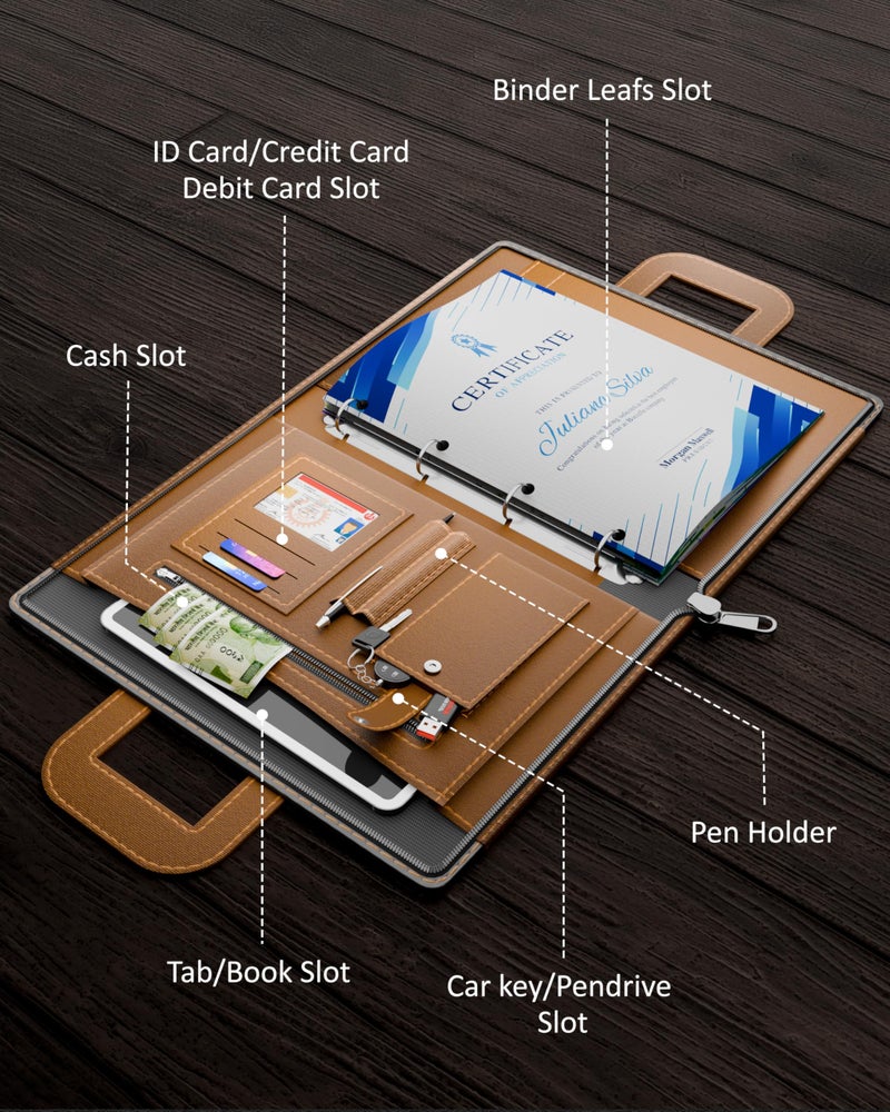 FEDUS Files for Documents 20 Leafs Foolscap Size (Bigger Than A4 Size) 4 Ring File with Hidden Handle Multipurpose Leatherette Portfolio Professional Executive Document File Folder for certificates - Image 2