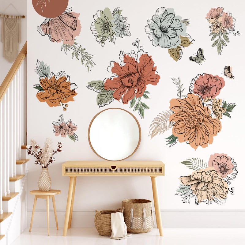 decalmile Boho Vintage Large Flower Wall Decals Bohemian Retro Floral Sun Butterfly Wall Stickers Living Room Bedroom Office Wall Decor - Image 2