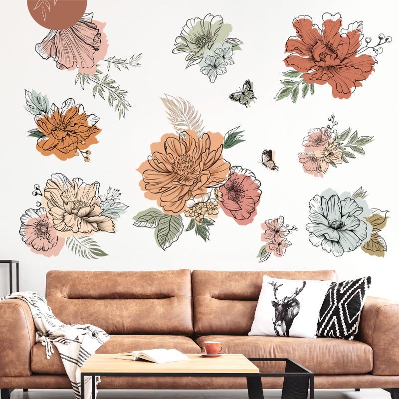 decalmile Boho Vintage Large Flower Wall Decals Bohemian Retro Floral Sun Butterfly Wall Stickers Living Room Bedroom Office Wall Decor - Image 1