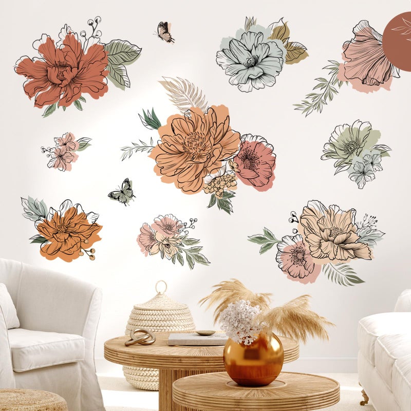 decalmile Boho Vintage Large Flower Wall Decals Bohemian Retro Floral Sun Butterfly Wall Stickers Living Room Bedroom Office Wall Decor - Image 3