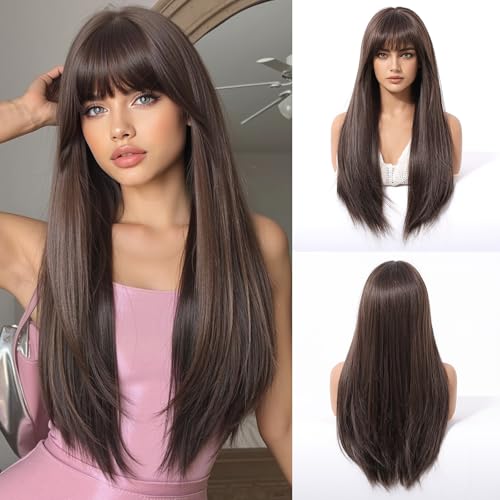 Esmee Long Chocolate Brown Straight Wig for Women Natural Looking Synthetic Heat Resistant Fiber Wig for Daily Party Use - Image 1