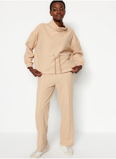 trendyol Beige Thessaloniki/Knitwear Look High Neck Gathered Regular/Regular Fit Knitted Sweatshirt TWOAW24SW00146  - Image 1