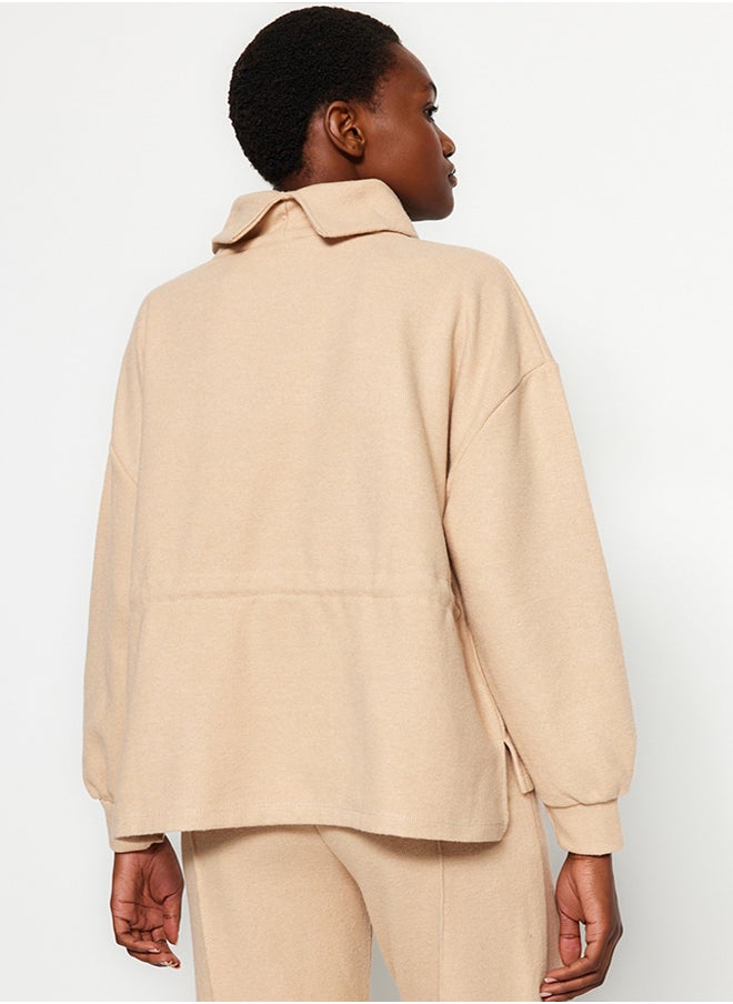 trendyol Beige Thessaloniki/Knitwear Look High Neck Gathered Regular/Regular Fit Knitted Sweatshirt TWOAW24SW00146  - Image 5