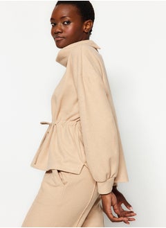 trendyol Beige Thessaloniki/Knitwear Look High Neck Gathered Regular/Regular Fit Knitted Sweatshirt TWOAW24SW00146  - Image 2