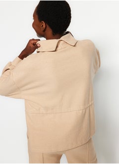 trendyol Beige Thessaloniki/Knitwear Look High Neck Gathered Regular/Regular Fit Knitted Sweatshirt TWOAW24SW00146  - Image 4