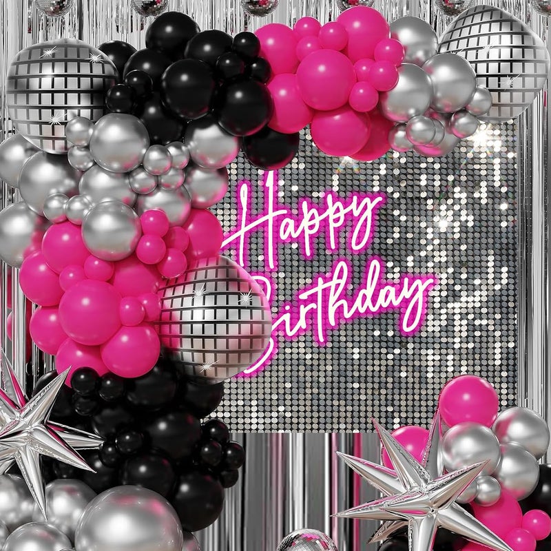 Withu Silver Sequins Pink Neon Happy Birthday Backdrop for Photography Shining Flash Stars Shimmer Wall Decoration Banner Princess Girls Women Bday Party Background 7x5ft - Image 3