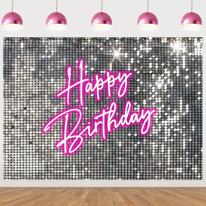 Withu Silver Sequins Pink Neon Happy Birthday Backdrop for Photography Shining Flash Stars Shimmer Wall Decoration Banner Princess Girls Women Bday Party Background 7x5ft - Image 5