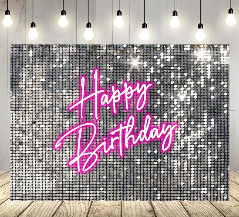 Withu Silver Sequins Pink Neon Happy Birthday Backdrop for Photography Shining Flash Stars Shimmer Wall Decoration Banner Princess Girls Women Bday Party Background 7x5ft - Image 4