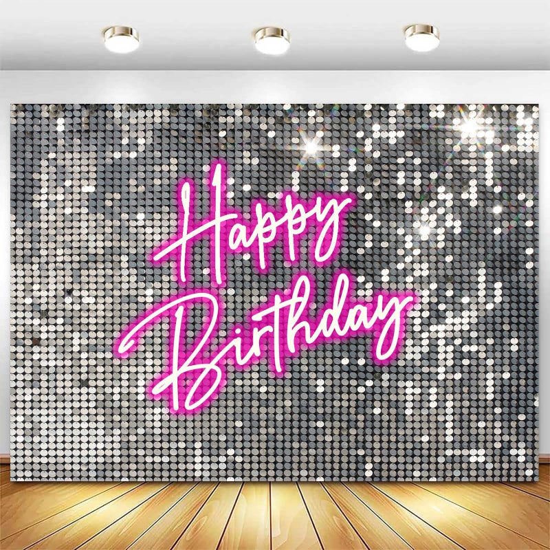 Withu Silver Sequins Pink Neon Happy Birthday Backdrop for Photography Shining Flash Stars Shimmer Wall Decoration Banner Princess Girls Women Bday Party Background 7x5ft - Image 2