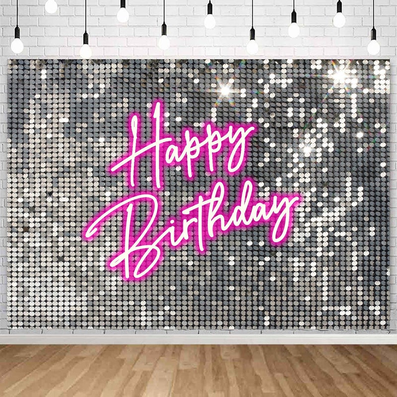 Withu Silver Sequins Pink Neon Happy Birthday Backdrop for Photography Shining Flash Stars Shimmer Wall Decoration Banner Princess Girls Women Bday Party Background 7x5ft - Image 1