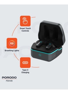 porodo Gaming Earbuds Ultra Low Latency with Dual Mic ENC and RGB Lights / Game Music & calls / Smart Touch Controls - Black  - Image 2