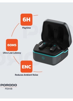 porodo Gaming Earbuds Ultra Low Latency with Dual Mic ENC and RGB Lights / Game Music & calls / Smart Touch Controls - Black  - Image 3
