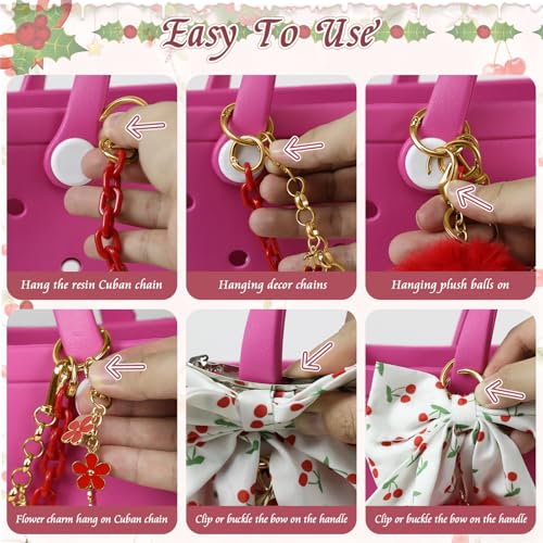 WUQID 5PCS Tote Bag Charms Kit, Bag Accessories for YETI Camino 20/35/50 Carryall & Bogg Beach Tote Bag Decor Kit, Bow, Plush Ball, Flowers Charm, Cuba & Decorative Chain for Girls Women - Image 5