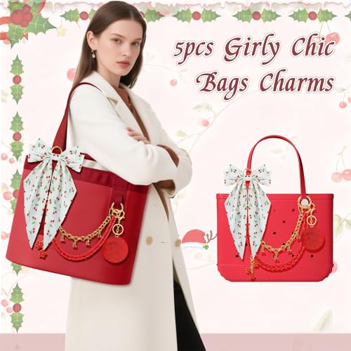 WUQID 5PCS Tote Bag Charms Kit, Bag Accessories for YETI Camino 20/35/50 Carryall & Bogg Beach Tote Bag Decor Kit, Bow, Plush Ball, Flowers Charm, Cuba & Decorative Chain for Girls Women - Image 4