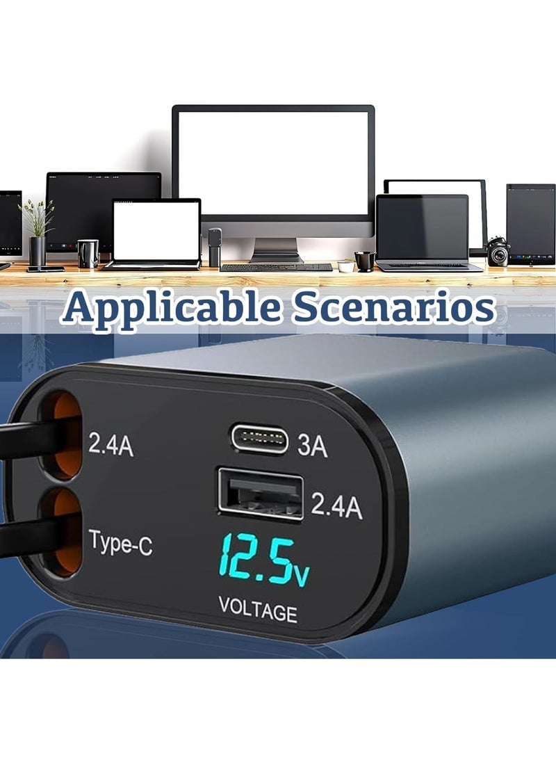 ELTRAZONE Retractable Car Charger 4 in 1 Fast Car Phone Charger 120W Retractable Cables And USB Car Charger Compatible With iPhone iOS And Android Smartphone 1 Lightning Cable 1 Type C Cable, Cable Length 800MM - Image 5