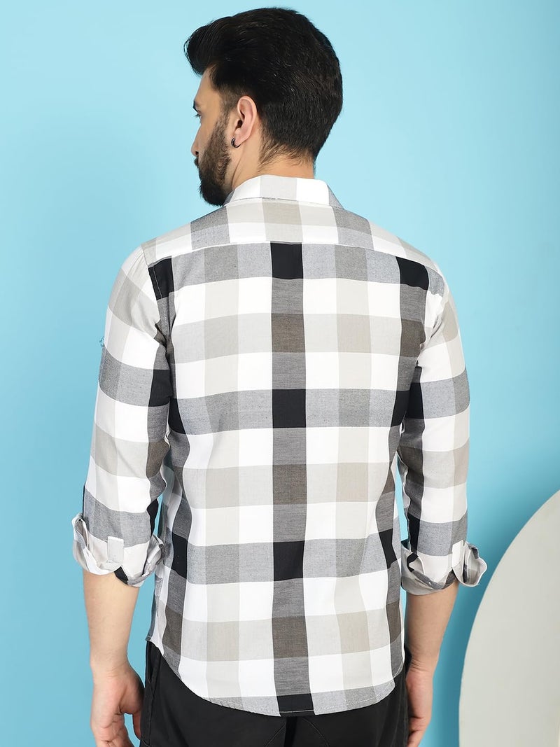 Indian Needle Men's Pure Cotton Checked Casual Shirt in Black and White - Image 2