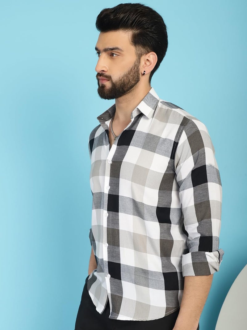 Indian Needle Men's Pure Cotton Checked Casual Shirt in Black and White - Image 3