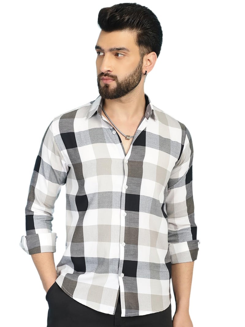 Indian Needle Men's Pure Cotton Checked Casual Shirt in Black and White - Image 1