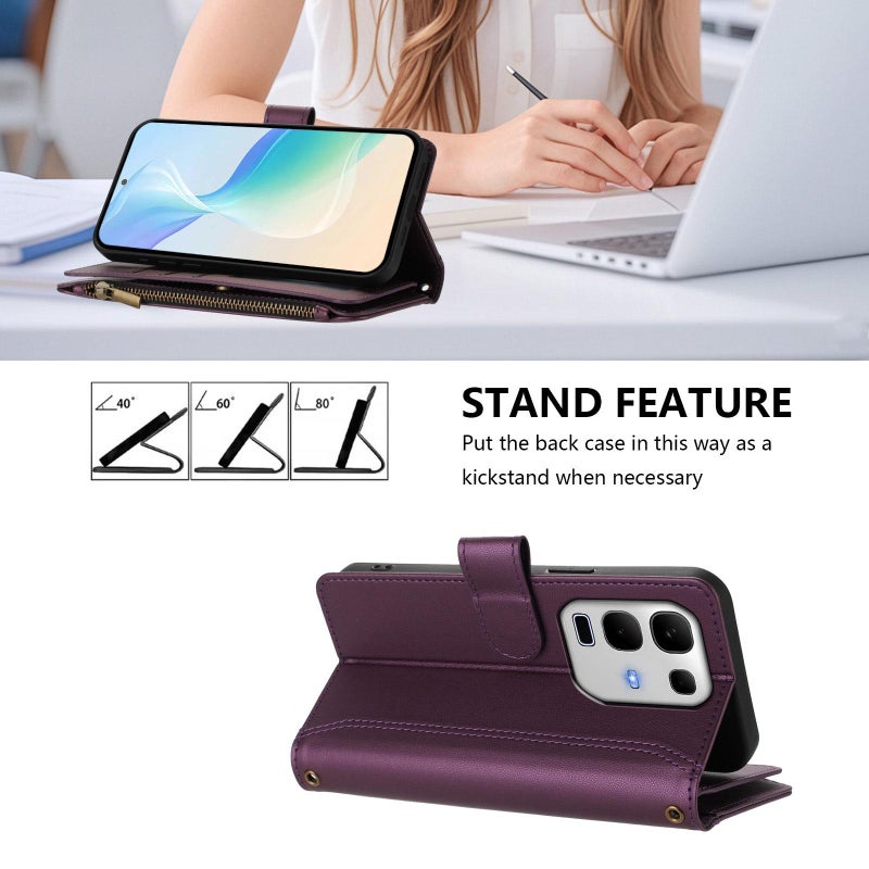 erorex For Infinix Note 50s Magnetic Closure 9 Card Slots Zipper Leather Case with Hand Strap(Purple) - Image 4