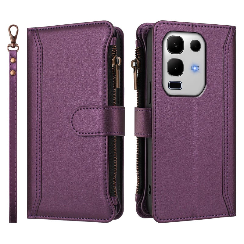 erorex For Infinix Note 50s Magnetic Closure 9 Card Slots Zipper Leather Case with Hand Strap(Purple) - Image 2