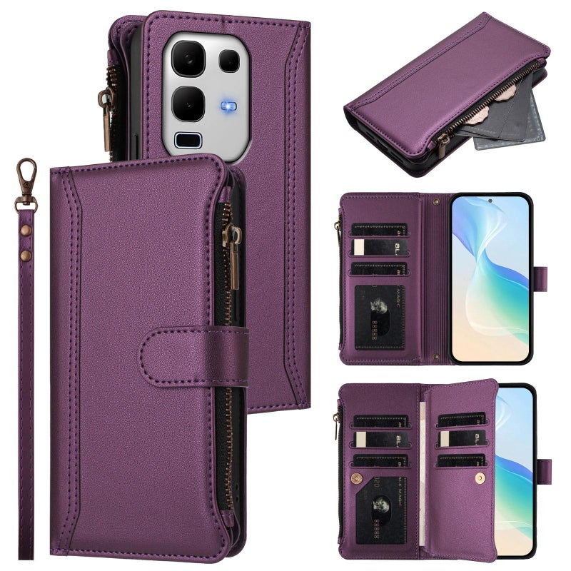 erorex For Infinix Note 50s Magnetic Closure 9 Card Slots Zipper Leather Case with Hand Strap(Purple) - Image 1