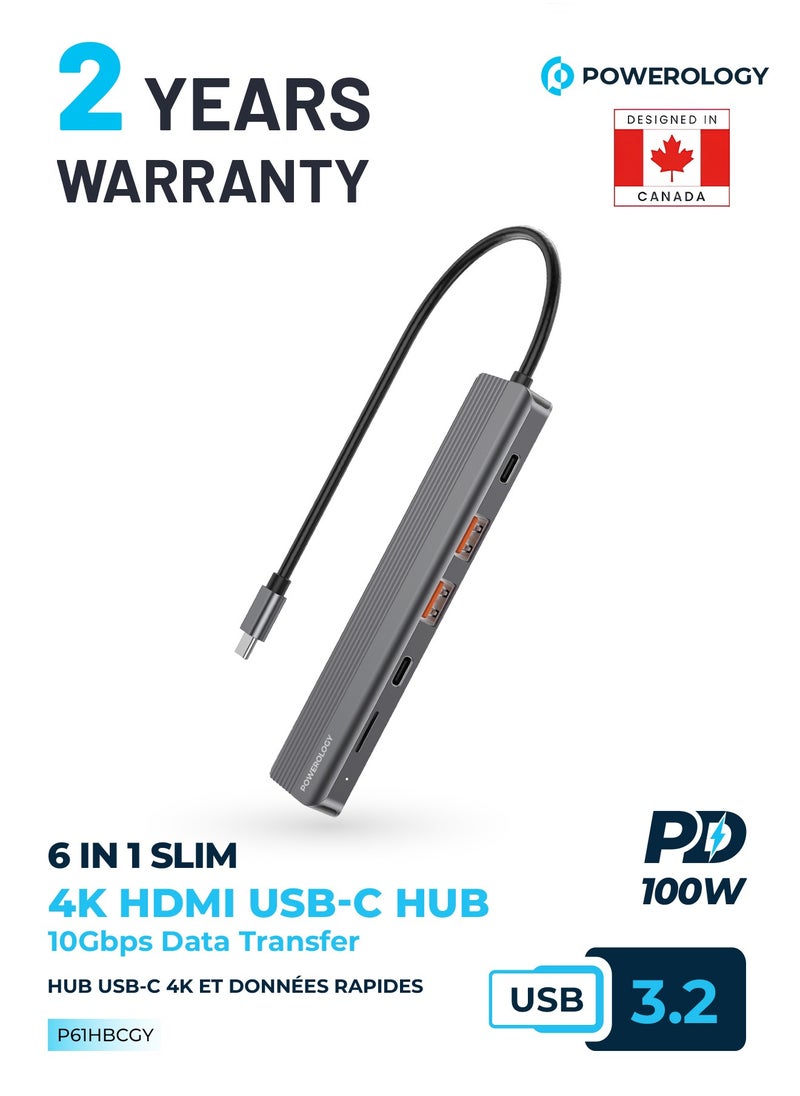 Powerology 6 in 1 Slim USB-C Hub / 4K / HDMI / PD 100W USB /  MicroSD / 2 Type-C port for Charge and Data Transfer / Compatible with Android, iOS, Windows, Mac / High-speed  Hub - Dark Grey  - Image 1