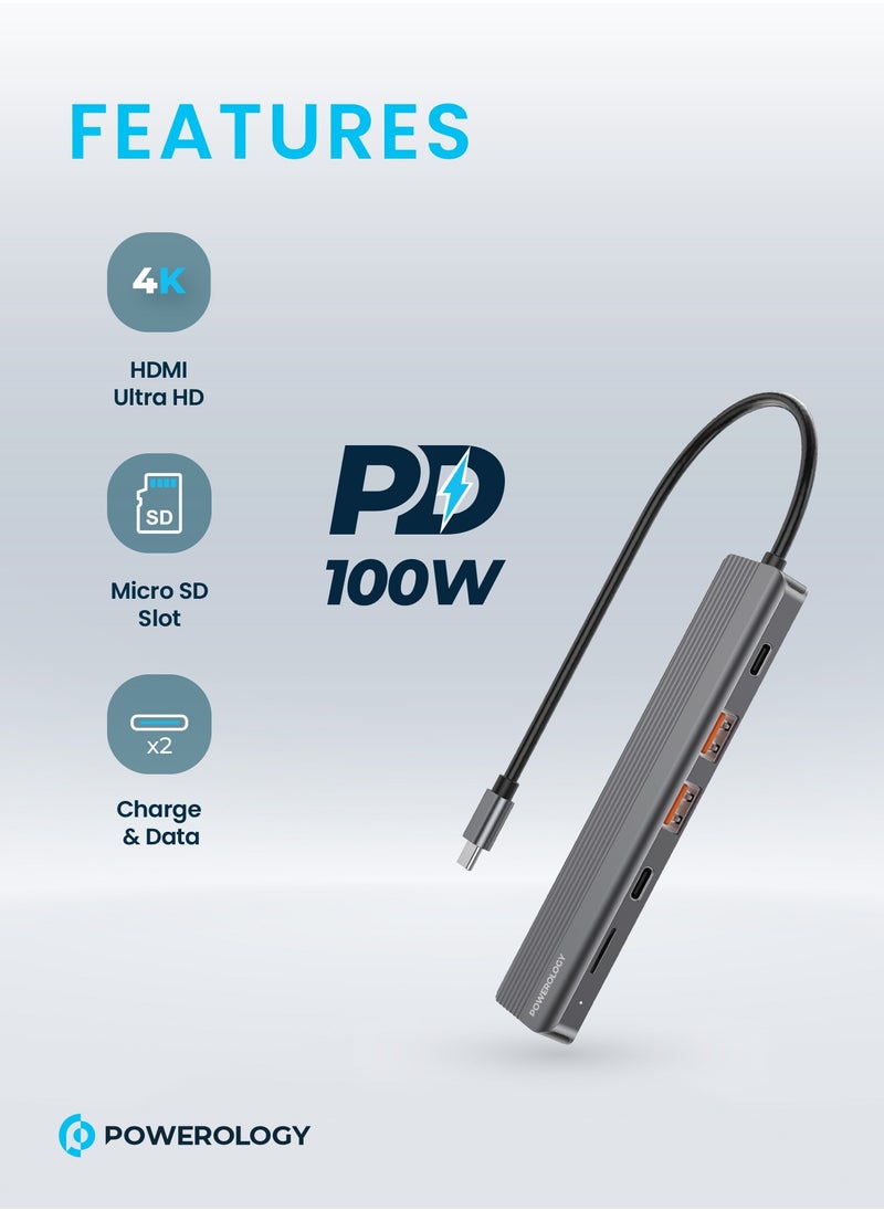 Powerology 6 in 1 Slim USB-C Hub / 4K / HDMI / PD 100W USB /  MicroSD / 2 Type-C port for Charge and Data Transfer / Compatible with Android, iOS, Windows, Mac / High-speed  Hub - Dark Grey  - Image 2
