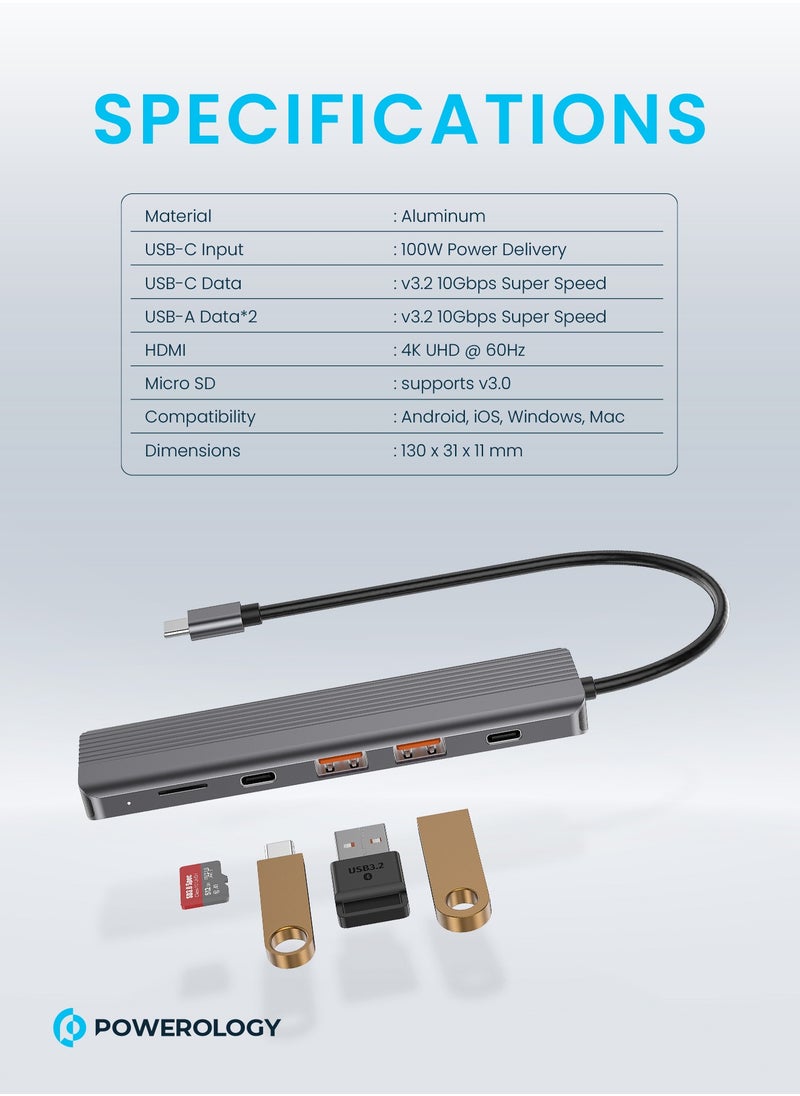 Powerology 6 in 1 Slim USB-C Hub / 4K / HDMI / PD 100W USB /  MicroSD / 2 Type-C port for Charge and Data Transfer / Compatible with Android, iOS, Windows, Mac / High-speed  Hub - Dark Grey  - Image 3