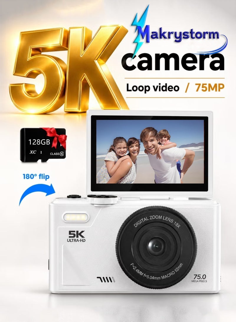 Makrystorm Original 5K 75MP Digital Vlogging Camera | Not a Replica | TikTok Viral Trending in Saudi Arabia | 128GB TF Card,18X Zoom（White） - Image 1