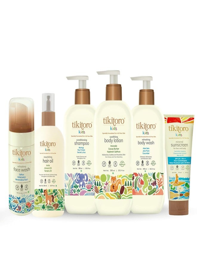 Tikitoro Kids Total Care Combo With Refreshing Body Wash, Conditioning Shampoo, Soothing Body Lotion, Refreshing Face Wash, Nourishing Hair Oil, & Mineral Sunscreen With SPF 30+ (Age: 4+) (Pack of 6) - Image 2
