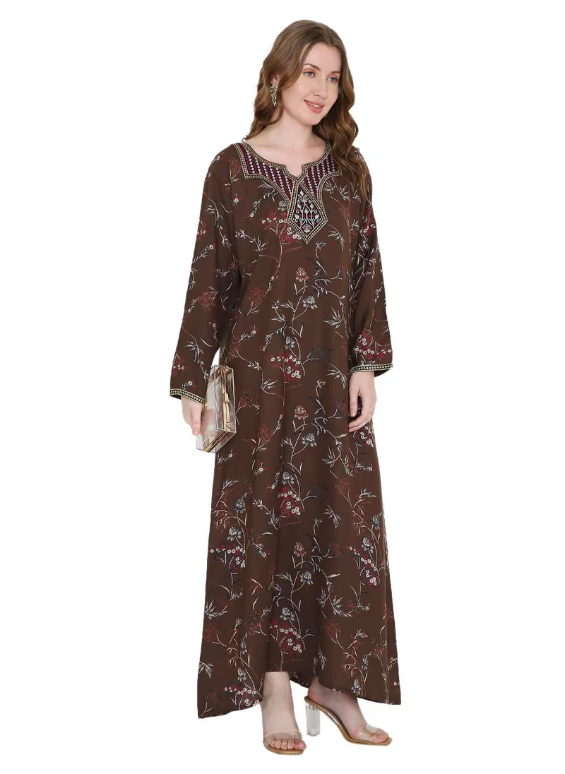 هانا آند سارا ARABIC KAFTAN JALABIYA DRESS WITH FLORAL PRINTING AND THREAD EMBROIDERY AT THE NECK