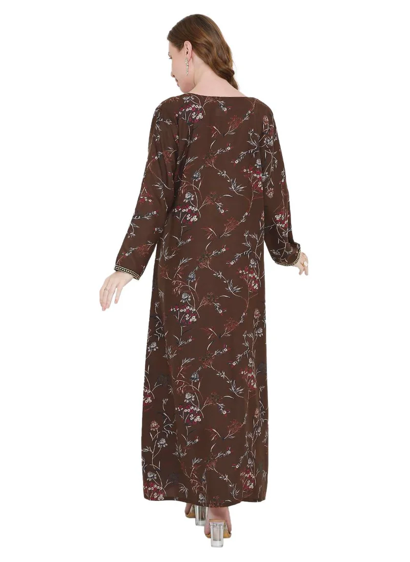 HANA & SARA ARABIC KAFTAN JALABIYA DRESS WITH FLORAL PRINTING AND THREAD EMBROIDERY AT THE NECK