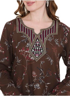 HANA & SARA ARABIC KAFTAN JALABIYA DRESS WITH FLORAL PRINTING AND THREAD EMBROIDERY AT THE NECK  - Image 3
