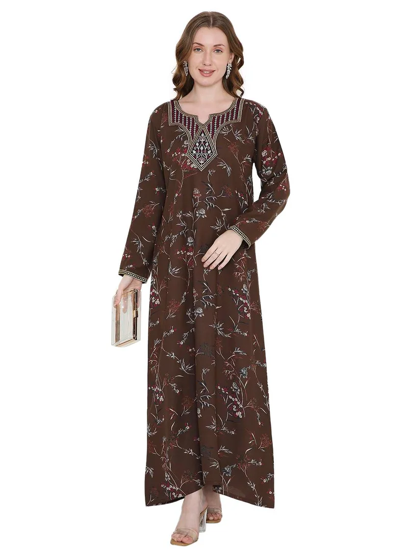 HANA & SARA ARABIC KAFTAN JALABIYA DRESS WITH FLORAL PRINTING AND THREAD EMBROIDERY AT THE NECK