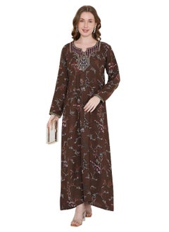 HANA & SARA ARABIC KAFTAN JALABIYA DRESS WITH FLORAL PRINTING AND THREAD EMBROIDERY AT THE NECK  - Image 4