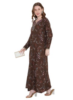 HANA & SARA ARABIC KAFTAN JALABIYA DRESS WITH FLORAL PRINTING AND THREAD EMBROIDERY AT THE NECK  - Image 5