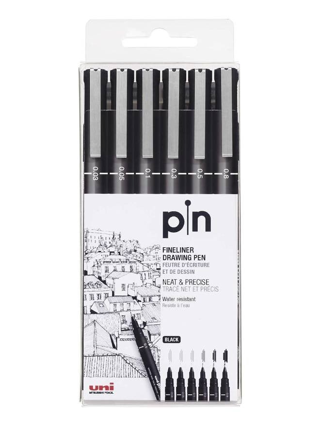 يوني بول مجموعة أقلام Unipin Fineliner مكونة من 6 قطع، حبر أسود - Image 1