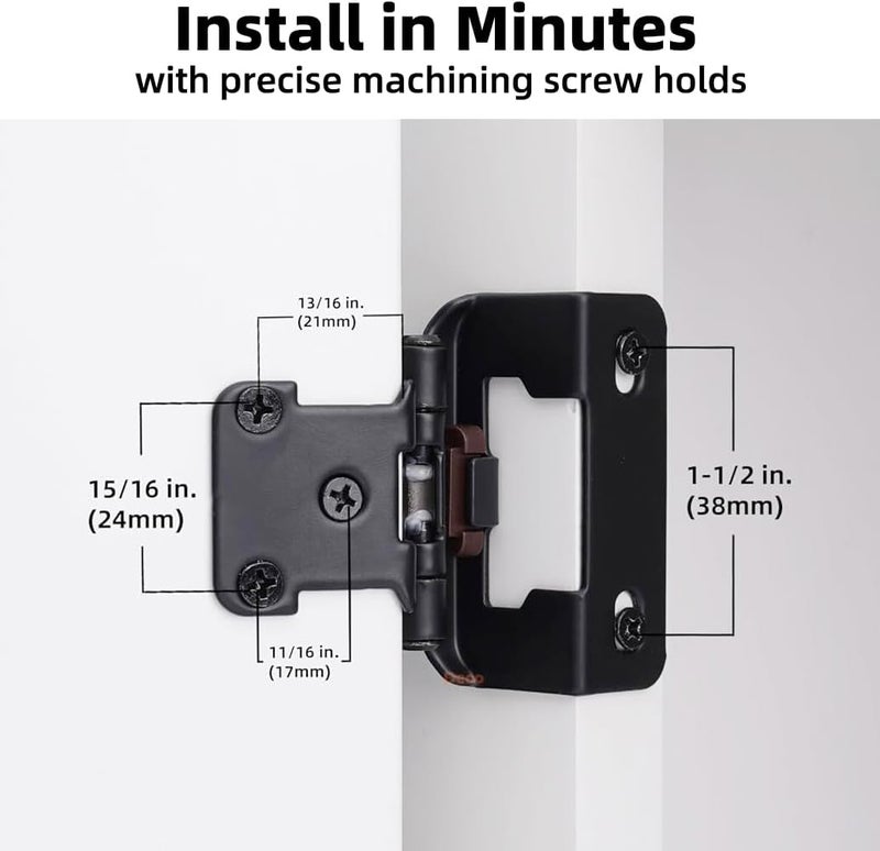 DecoBasics 60 Pack 1/2" Overlay Black Cabinet Hinges for Cabint Doors (30 Pairs) – Partial Wrap Semi-Concealed Self-Closing Face Frame Hinge for Cupboard & Kitchen Doors w/Screws & Quiet Bumpers - Image 3