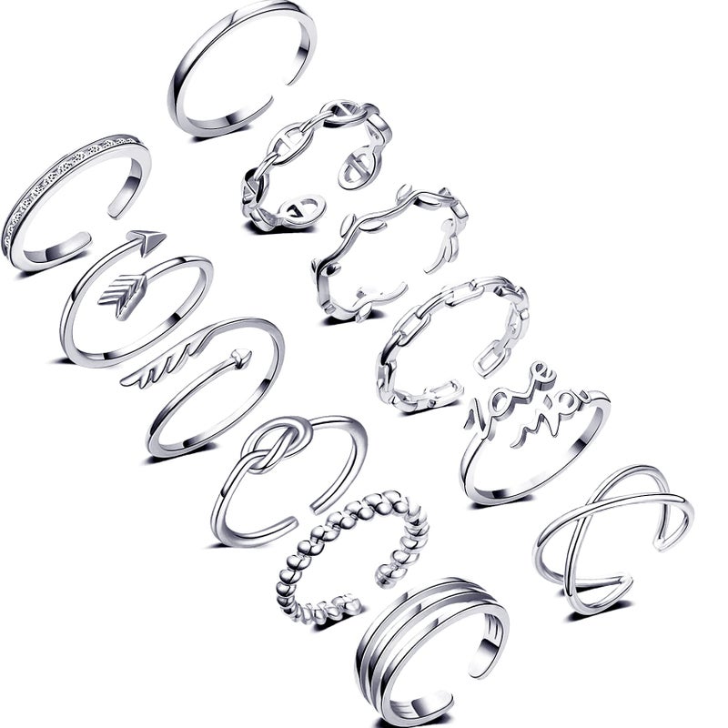 Honsny 12PCS Silver Plated Rings Adjustable Open Rings for Women Cute Stackable Thumb Rings Joint Chain Midi FingerArrow Knot Wave Band Rings Set - Image 1